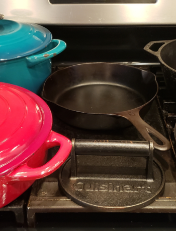 cast iron pans on the stove