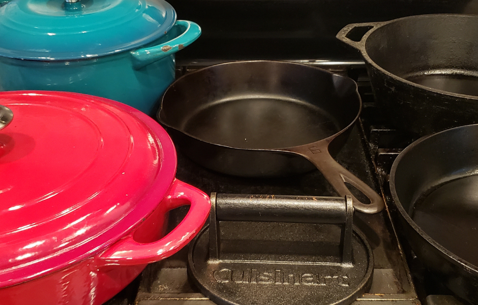 cast iron pans on the stove