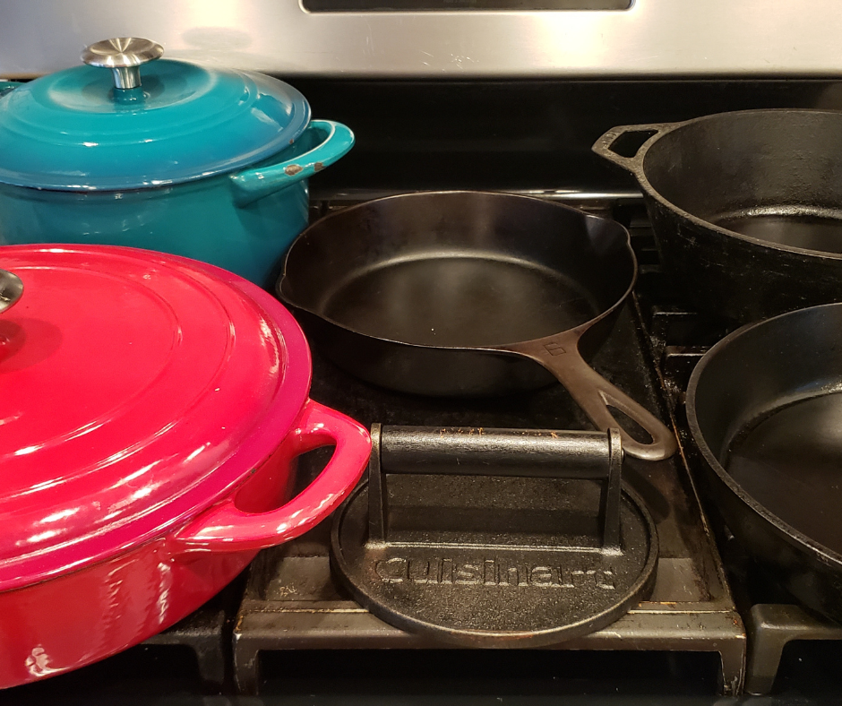 cast iron pans on the stove