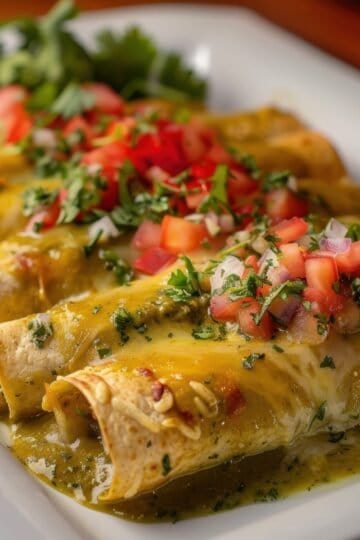 Enchiladas topped with melted cheese, fresh salsa, and herbs on a white plate.