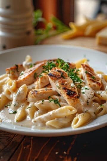 Delicious creamy chicken pasta garnished with fresh herbs on a white plate. Perfect for a comforting.