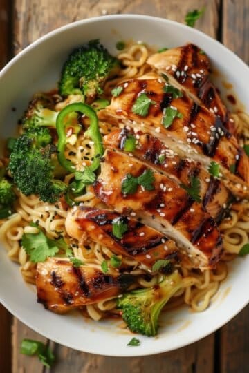 Grilled chicken served with broccoli and noodles in a white bowl, garnished with herbs.
