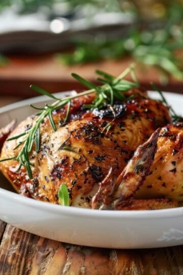 Juicy roasted herb chicken garnished with rosemary in a white bowl.