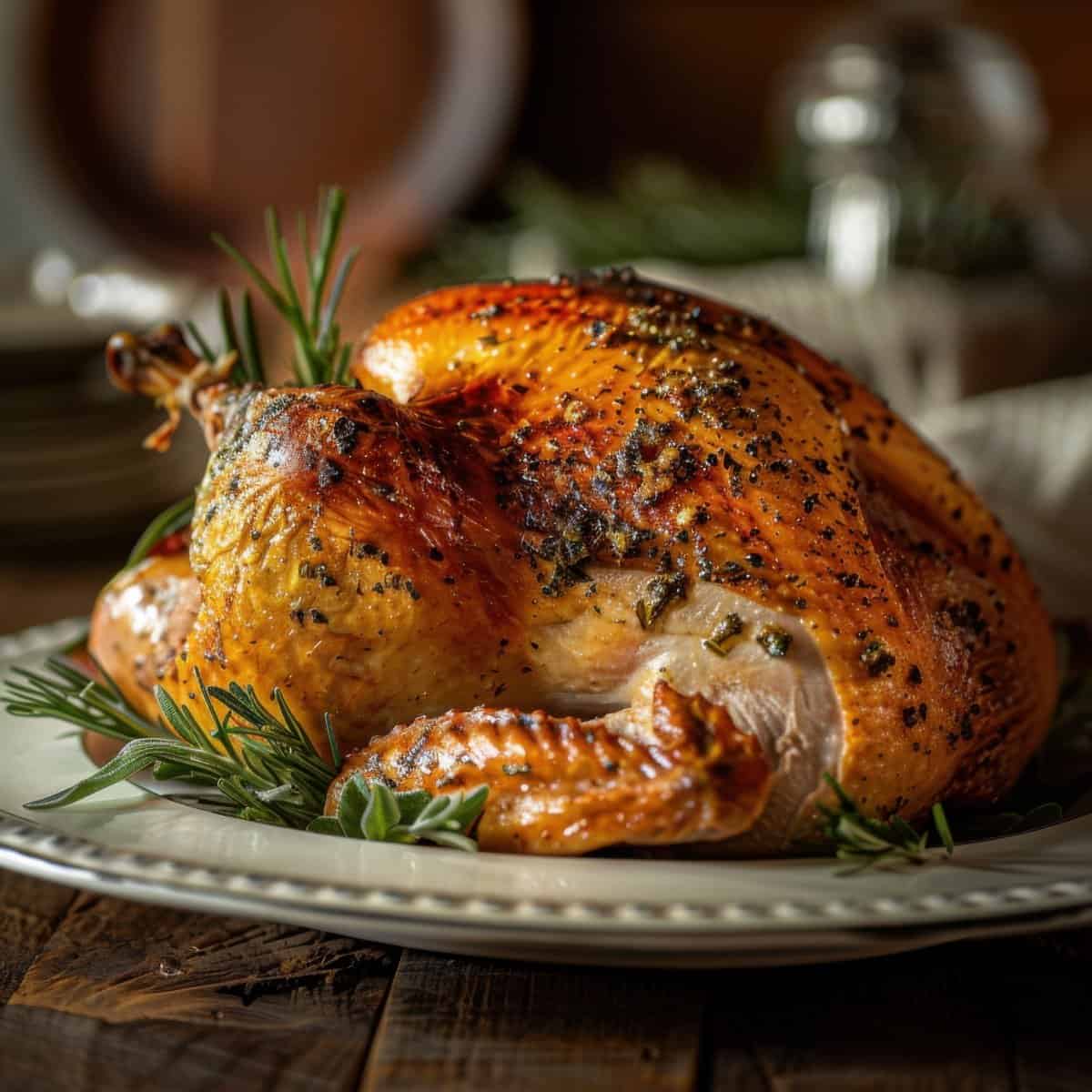 Juicy roasted turkey garnished with fresh herbs on a rustic plate.