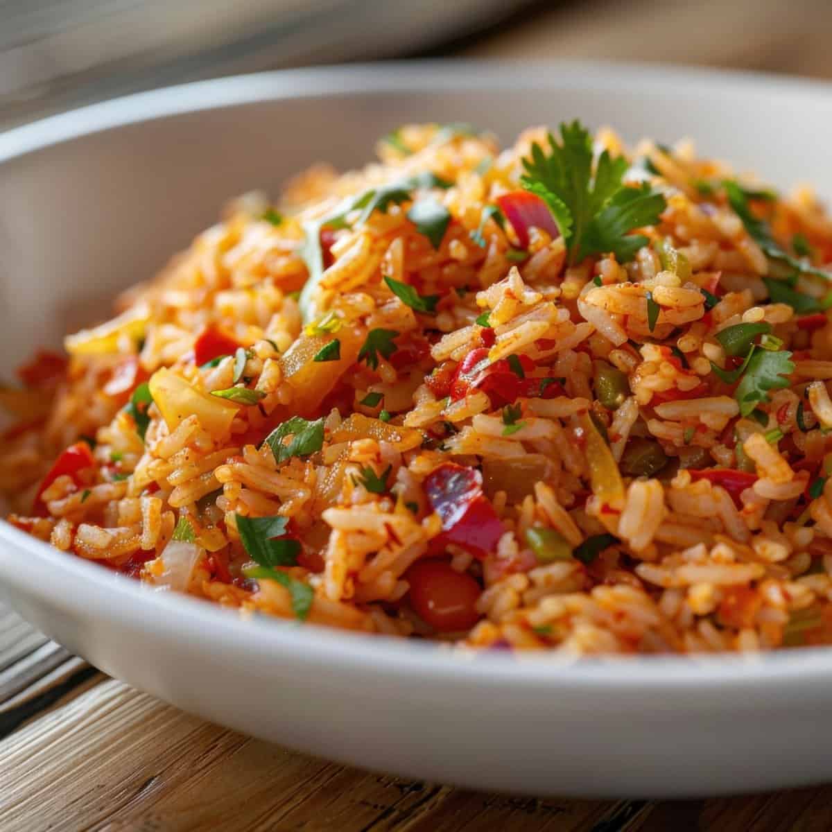 Vegetable fried rice with colorful peppers, peas, and fresh cilantro, served in a white bowl.