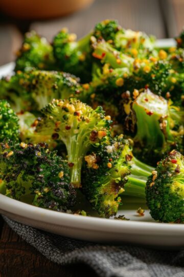 Fresh seasoned broccoli florets garnished with nuts on a white plate.