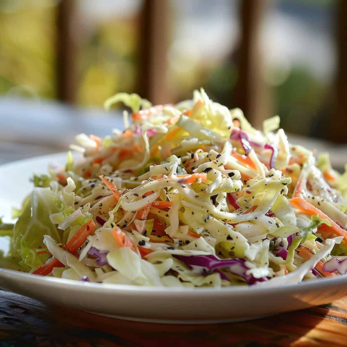 Delicious fresh coleslaw salad with shredded vegetables and creamy dressing.