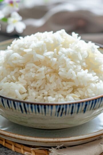 Steamed white rice served in a decorative bowl, ready to eat.