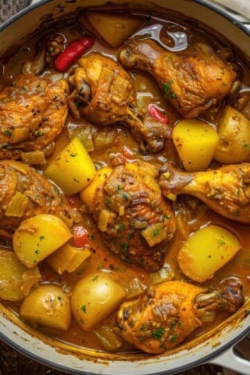 Chicken and potato stew with herbs and vegetables in a savory broth.