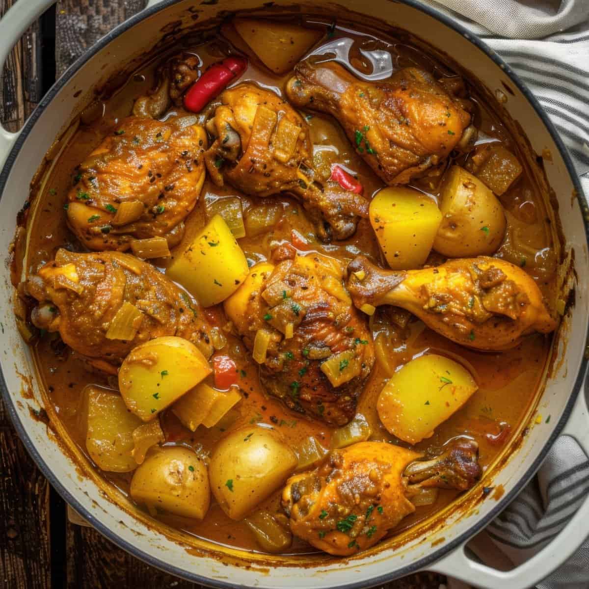 Chicken and potato stew with herbs and vegetables in a savory broth.