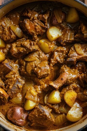 Hearty beef and onion stew in a rustic pot, perfect for comfort food.