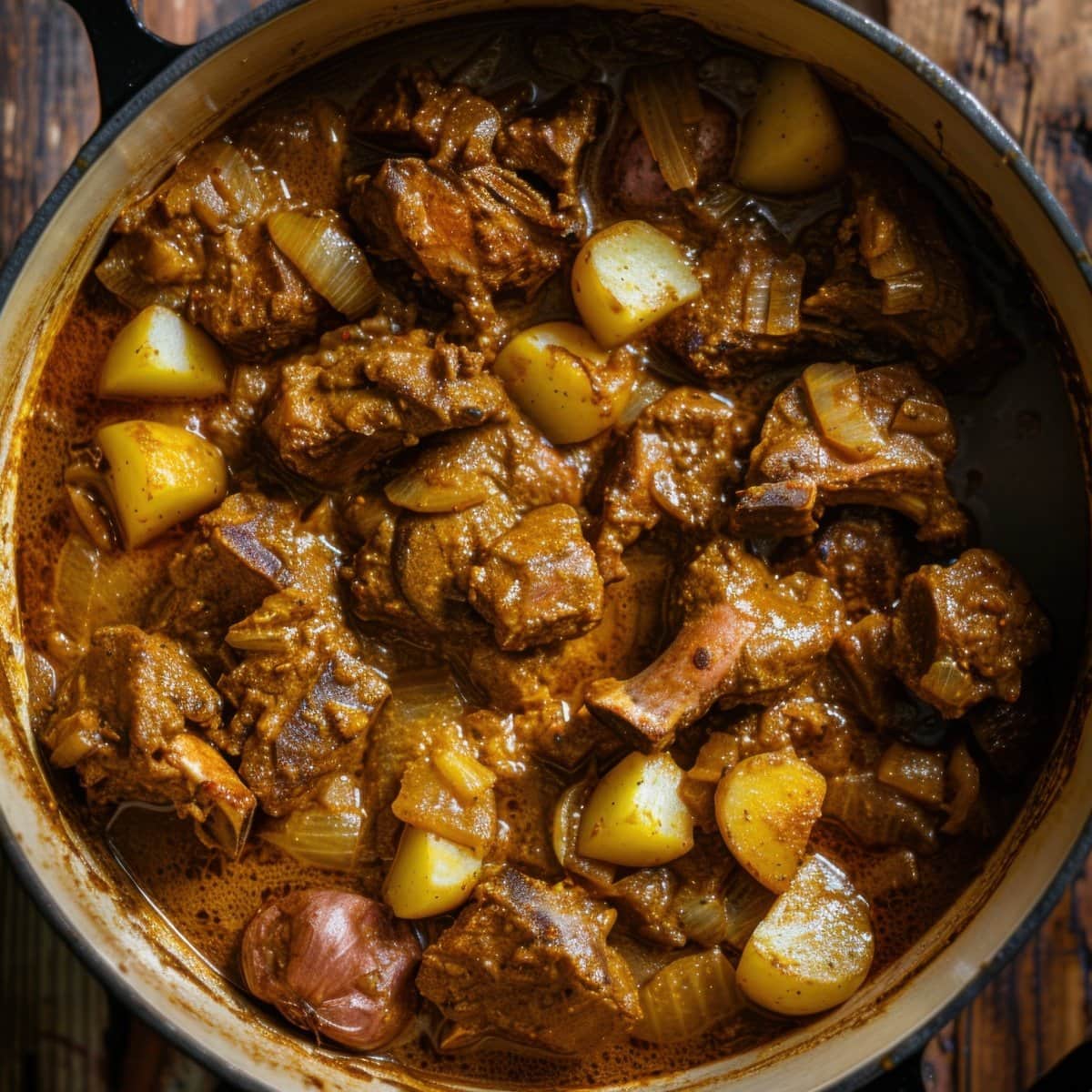 Hearty beef and onion stew in a rustic pot, perfect for comfort food.