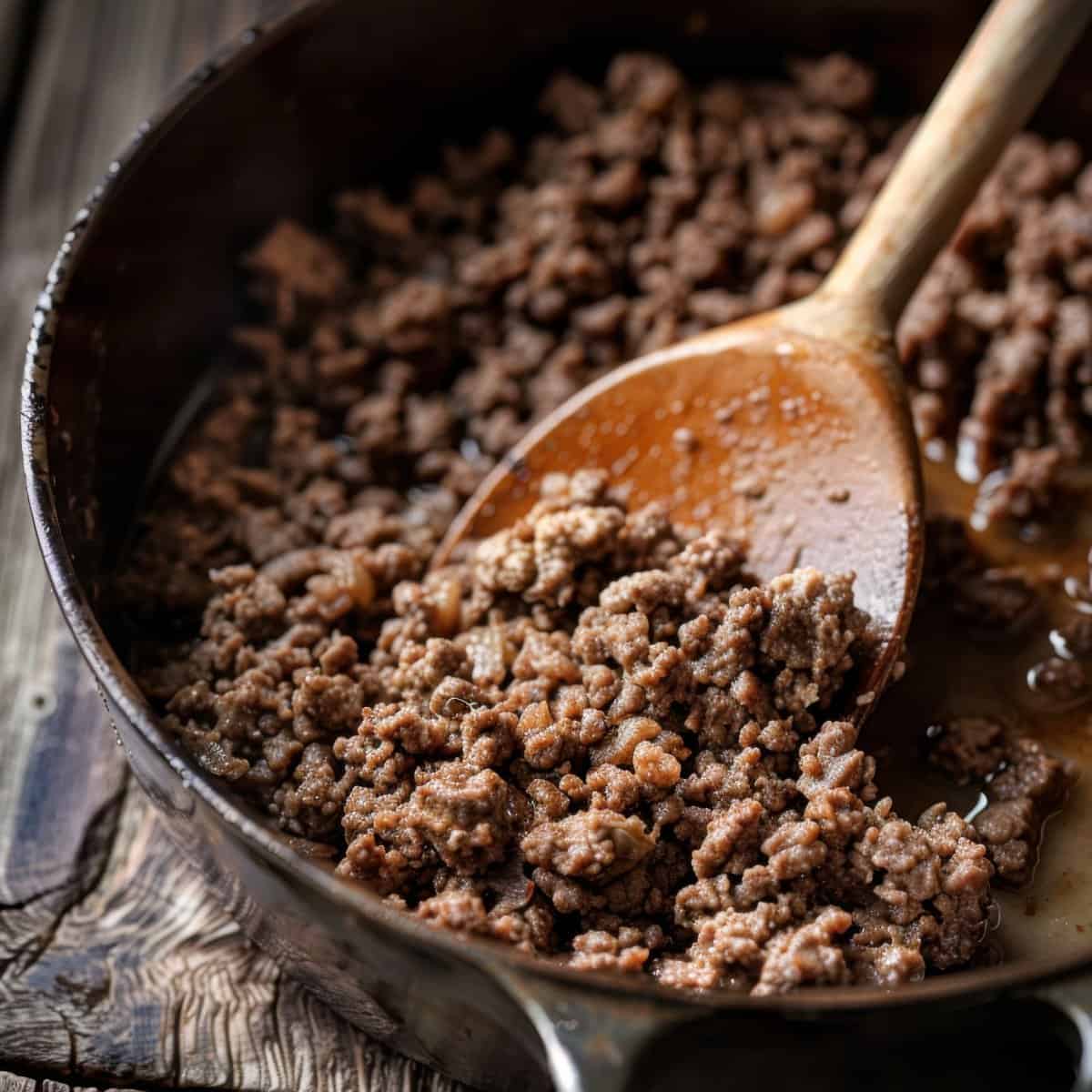 Ground beef cooking in a skillet with a wooden spoon, perfect for meal prep and recipes.
