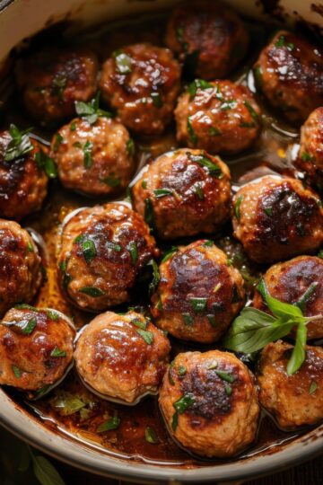 Delicious homemade Italian meatballs cooked in a savory sauce with fresh herbs in a skillet.