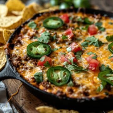 Delicious cheesy beef nachos with jalapeños, tomatoes, and cilantro in a skillet.