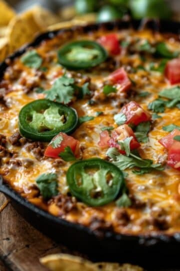 Delicious cheesy beef nachos with jalapeños, tomatoes, and cilantro in a skillet.
