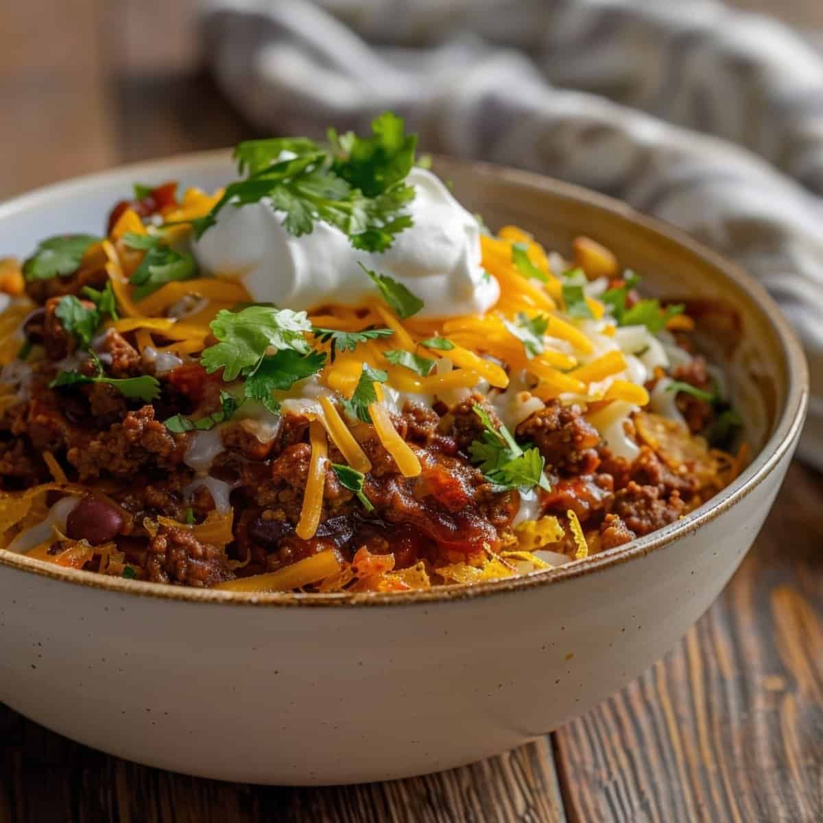 Hearty cheesy beef chili topped with sour cream and cilantro in a bowl.