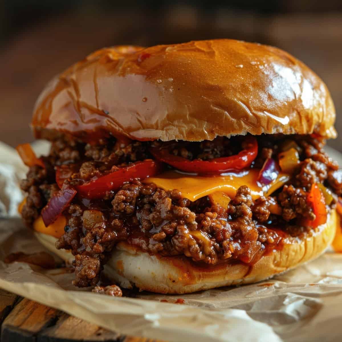 BBQ sloppy Joe Sandwich on a hamburger bun with cheese