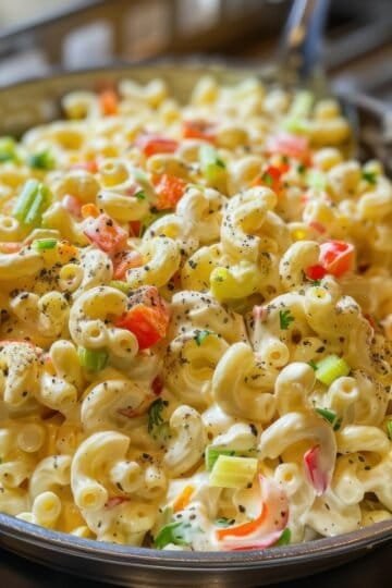Creamy macaroni salad with colorful vegetables and herbs, served in a large bowl. Perfect for gatherings and casual meals.