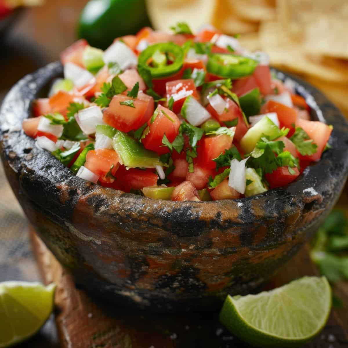 Colorful fresh tomato salsa with cilantro and lime in a traditional molcajete bowl.