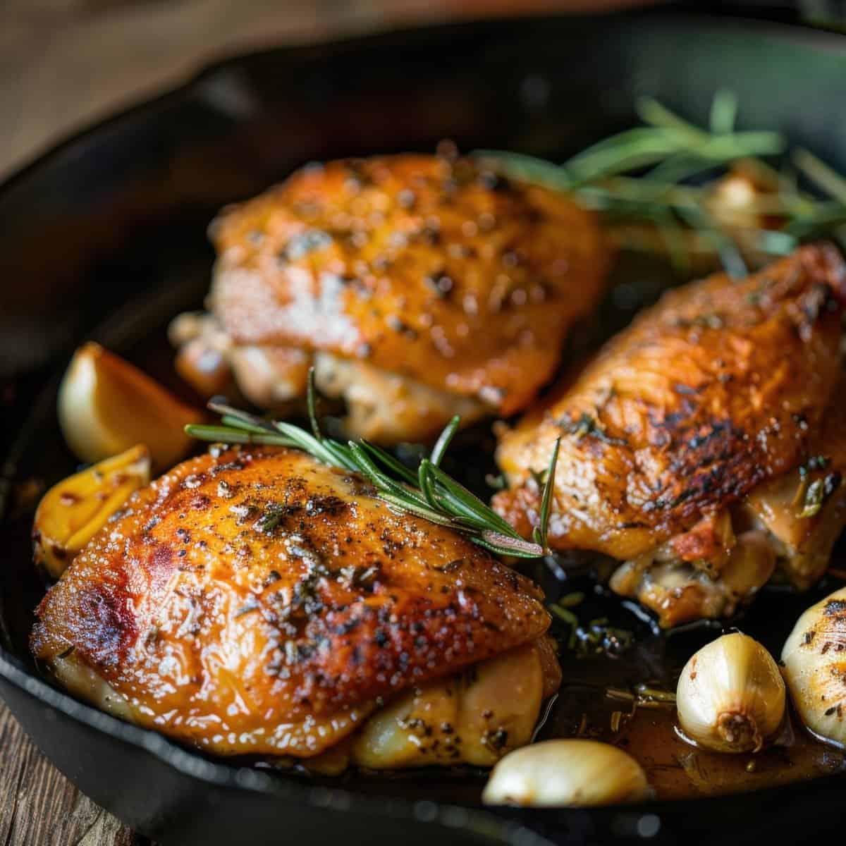 Delicious roasted chicken thighs garnished with garlic and fresh herbs in a cast iron skillet.