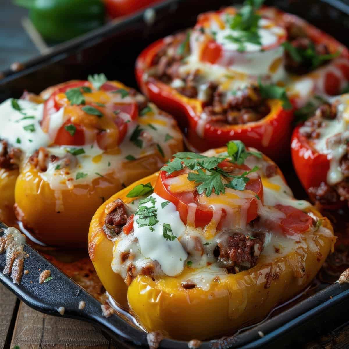 Stuffed bell peppers filled with seasoned ground beef, topped with melted cheese, fresh tomato slice.