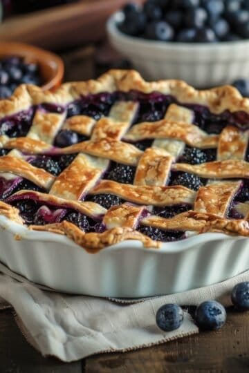 Freshly baked blueberry pie with lattice crust and ripe blueberries around it.