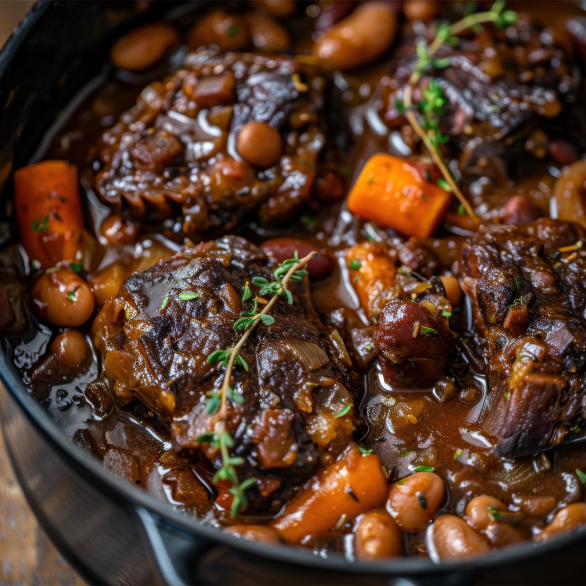 Hearty Jamaican oxtail stew with carrots, and herbs in a rich sauce.