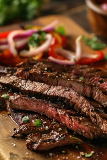 Juicy grilled steak slices with herbs and fresh vegetable salad on wooden board.