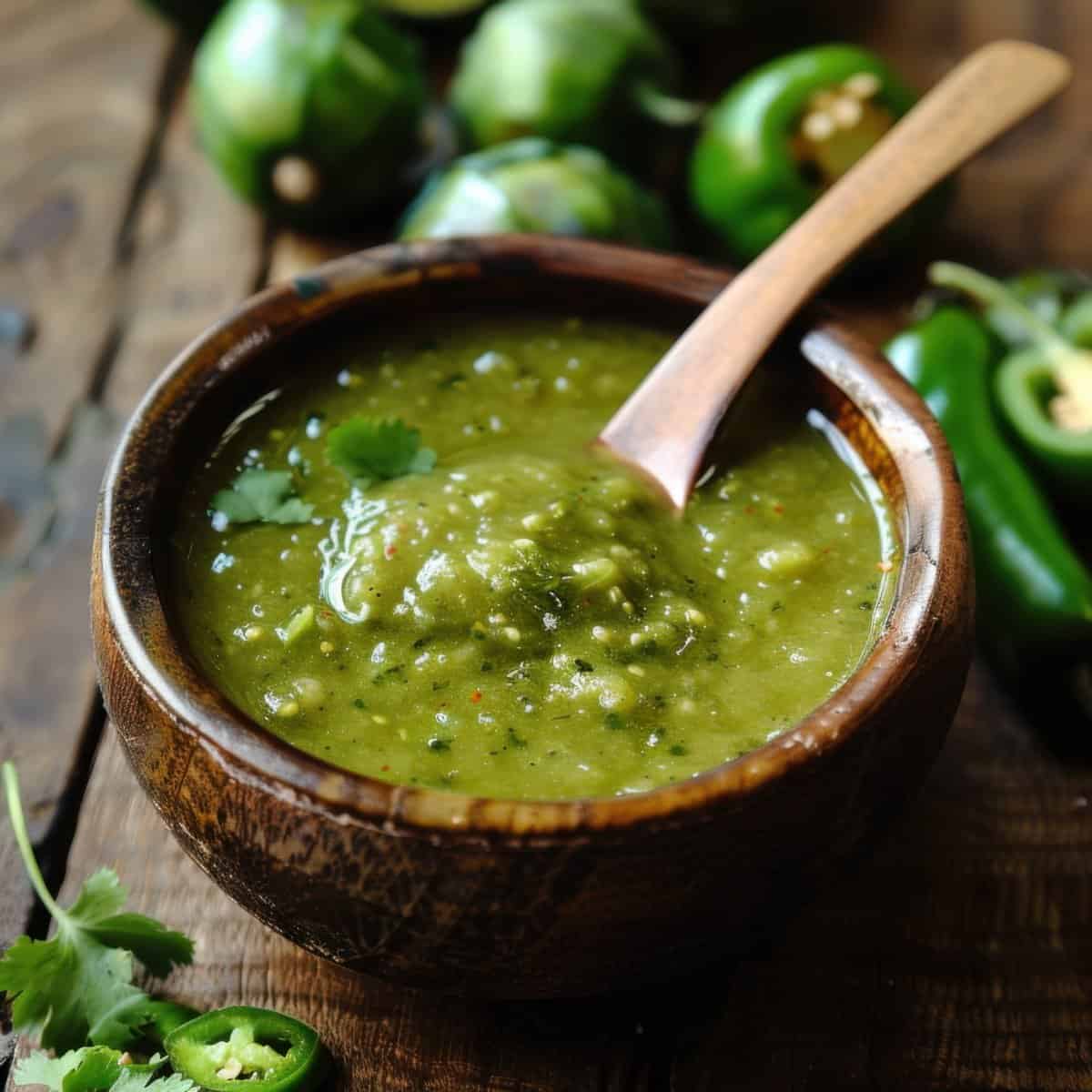 Fresh green salsa with jalapeños, cilantro, and spices in a rustic bowl, perfect for Mexican cuisine.