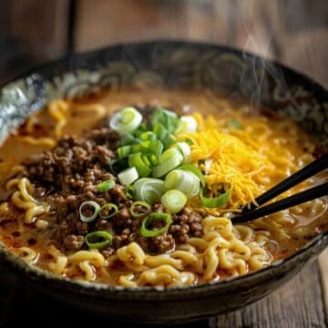 Beef ramen noodles topped with green onions in a flavorful broth, served in a black bowl. Perfect fo.