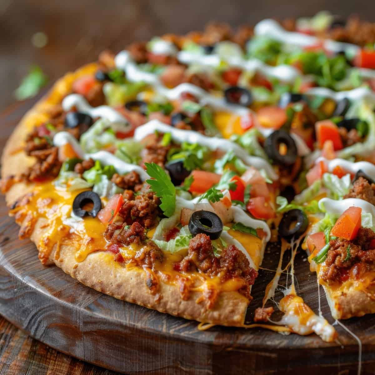 Tasty taco pizza topped with seasoned ground beef, fresh vegetables, black olives, and melted chedda.