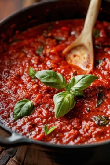 Fresh homemade tomato sauce with basil in a black pot.