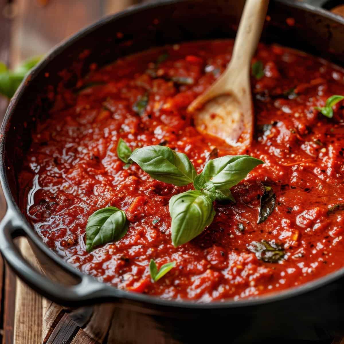 Fresh homemade tomato sauce with basil in a black pot.