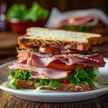 Delicious ham sandwich with fresh vegetables on multigrain bread, perfect for a hearty me.
