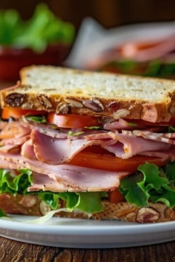 Delicious ham sandwich with fresh vegetables on multigrain bread, perfect for a hearty me.