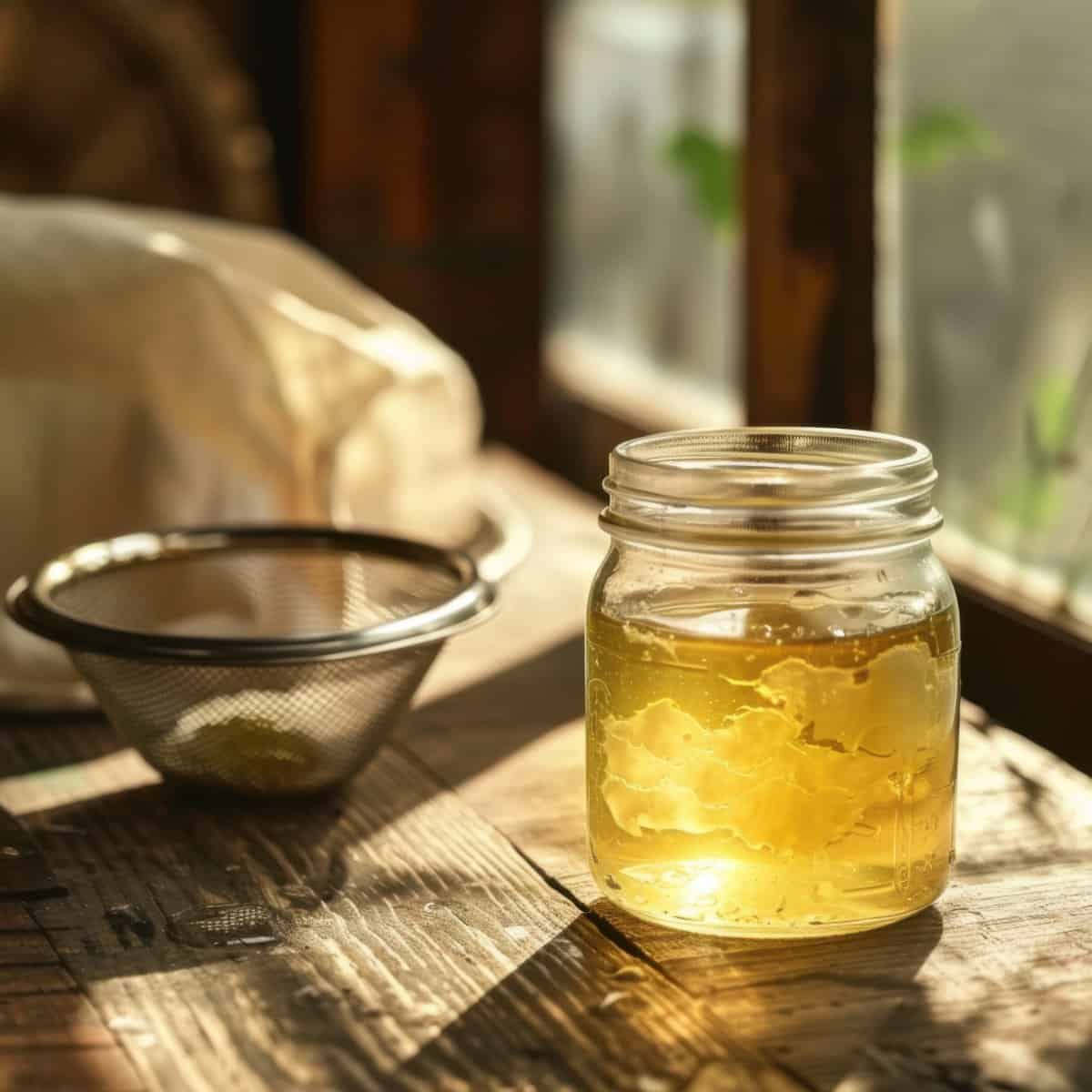 Freshly beef tallow in a glass jar on rustic wooden table.