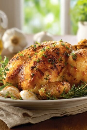 Juicy roasted chicken garnished with herbs and garlic on a rustic plate.
